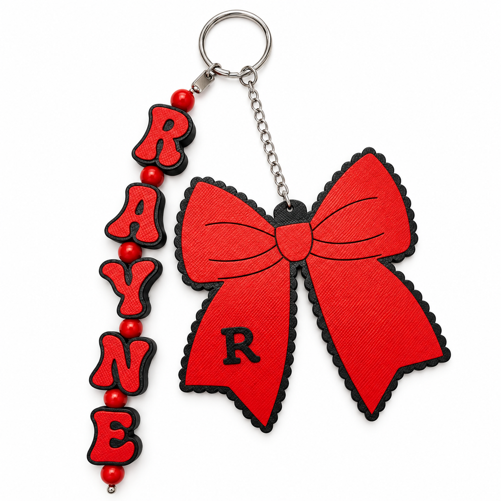 Personalized Bow & 70s Name Keychain | Custom Initial Bag Charm Set