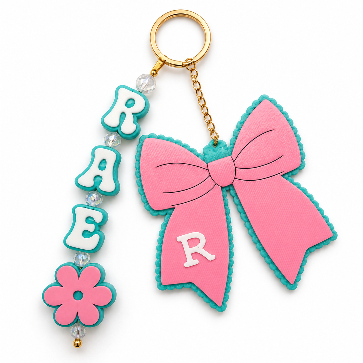 Personalized Bow & 70s Name Keychain | Custom Initial Bag Charm Set